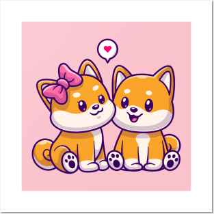 Cute Couple Shiba Inu Dog Sitting Cartoon Posters and Art